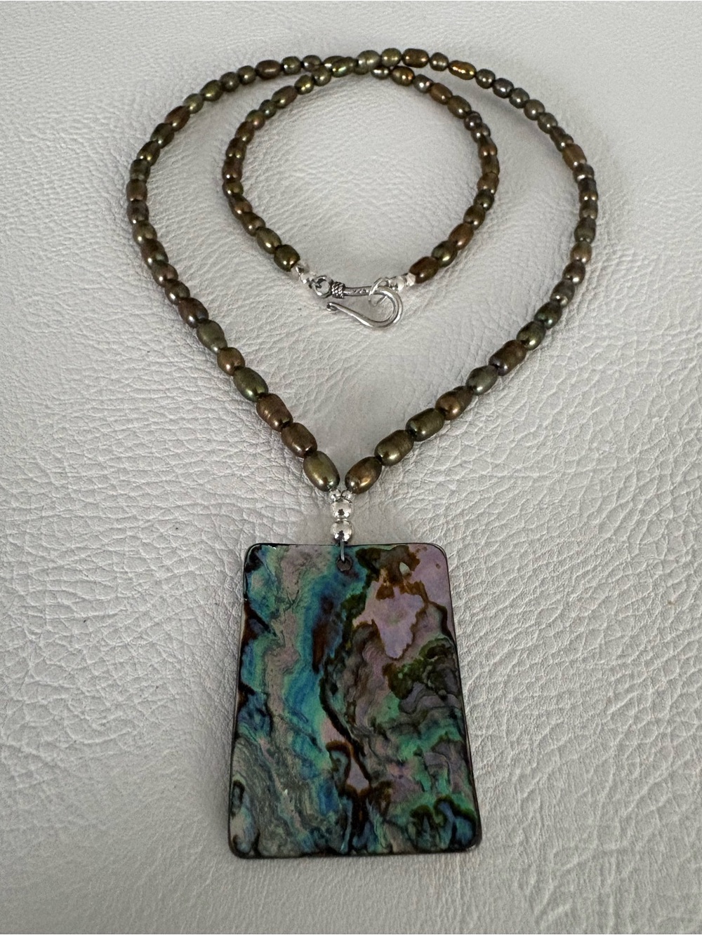 Abalone Mosaic Iridescent Pendant Necklace with Green Freshwater Pearls